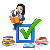 Avatar Bitmoji sentado em uma caixa de checklist segurando um caderno e um lapis. No chão varios cadernos e papeis.