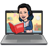 Avatar Bitmoji lendo um livro e sorrindo de dentro de um notebook